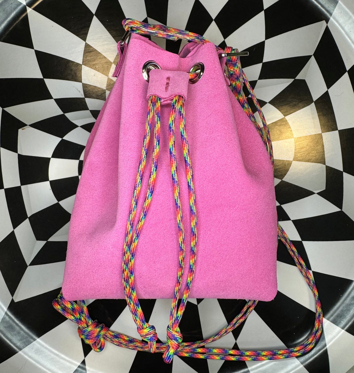 The Wombler! Paracord drawstring bucket bag! Hand sewn leather crossbody catch all purse!