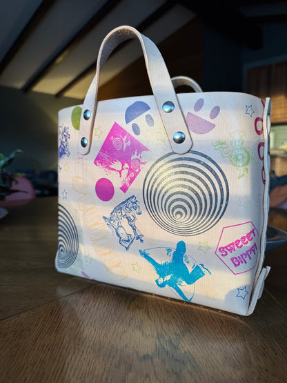 Feelin’ Groovy thick veg tan laced tote bag! One of a kind stamped leather unique satchel!