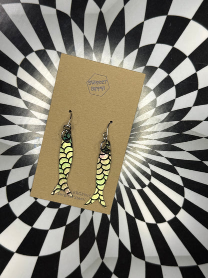 Sardine girl summer leather fish earrings! Lightweight hypoallergenic surgical steel hooks!
