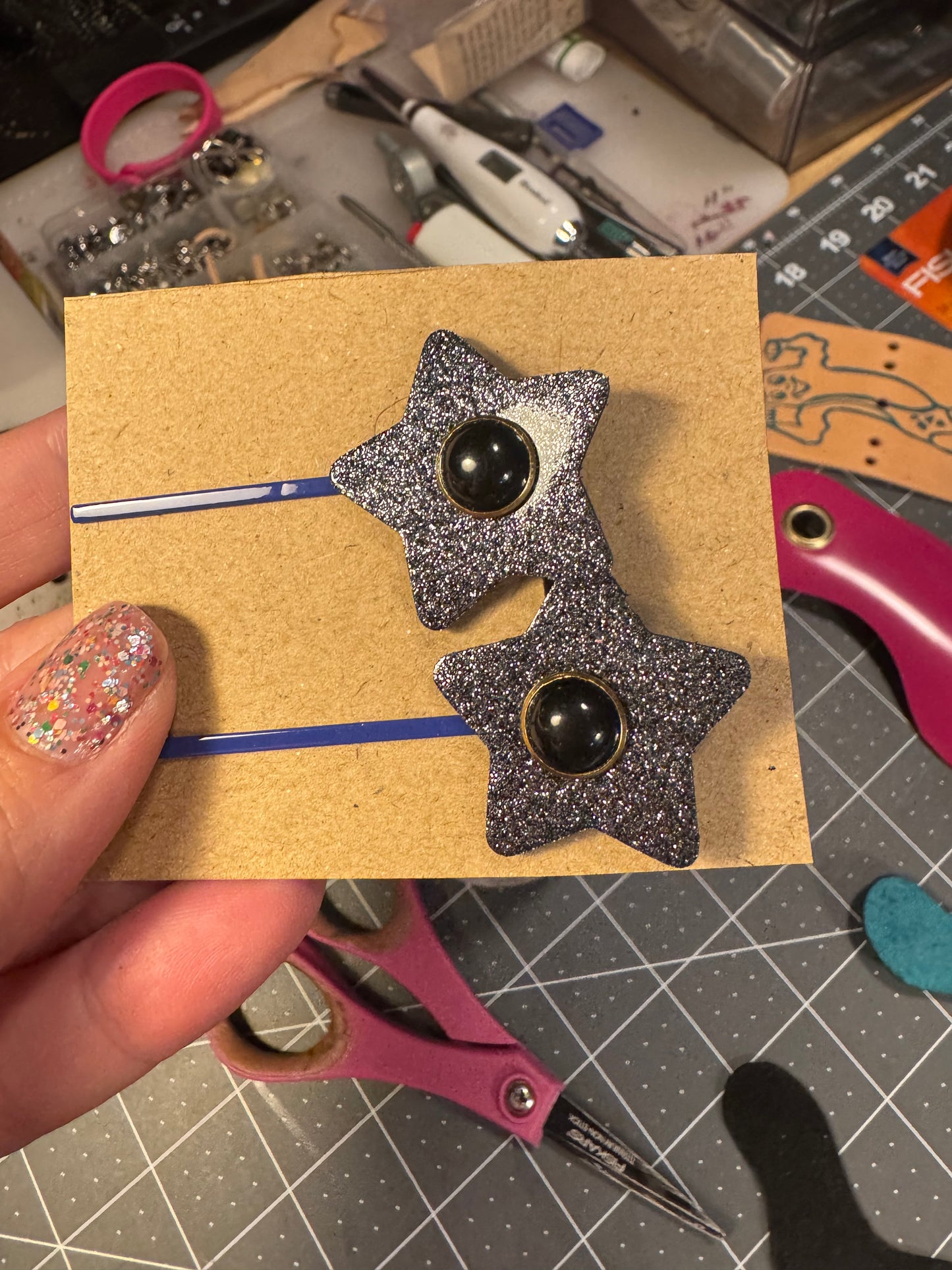 Colorful Leather Flower & Star Bobby Pins – Handmade Hair Clips! Hair thingies!