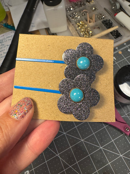 Colorful Leather Flower & Star Bobby Pins – Handmade Hair Clips! Hair thingies!