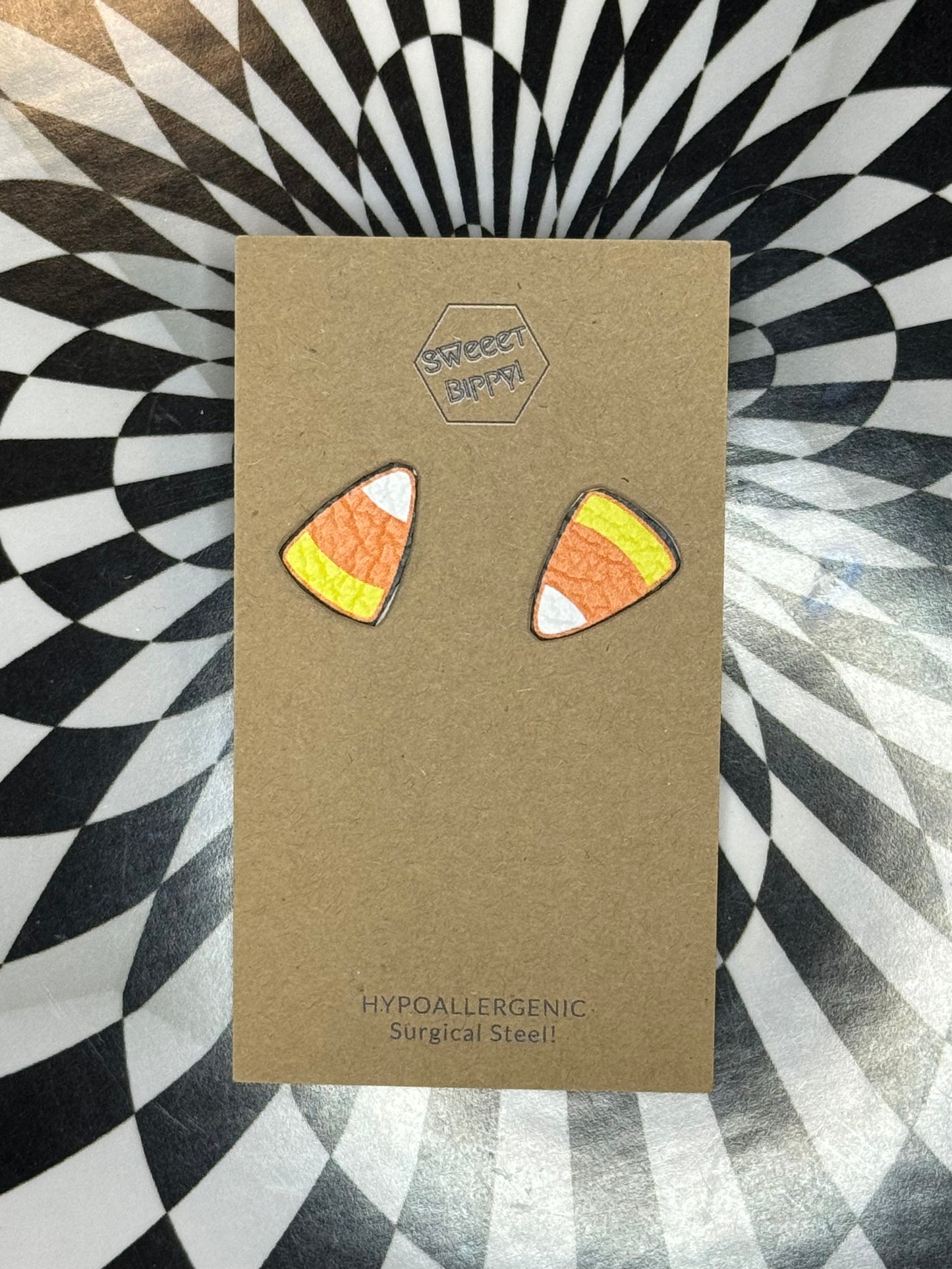 Candy Corn leather earrings! Surgical steel post hypoallergenic