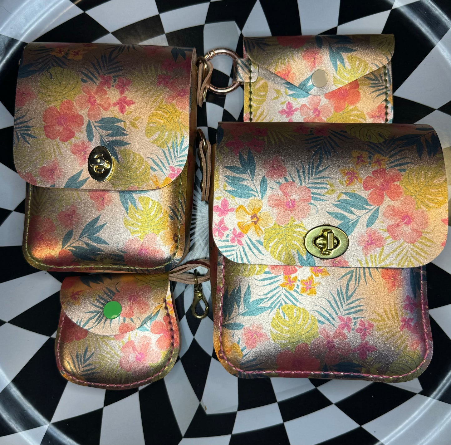 Aloha collection! Tropical printed leather Joann, JoAnn XL, Angie & Lilia! One of a kind metallic hand sewn leather bags and pouches!