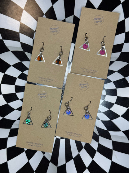 Triangle or hoop unique Leather earrings! Minimalist design ultra lightweight surgical steel hooks!