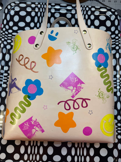 Feelin’ Groovy thick veg tan laced tote bag! One of a kind stamped leather unique satchel!