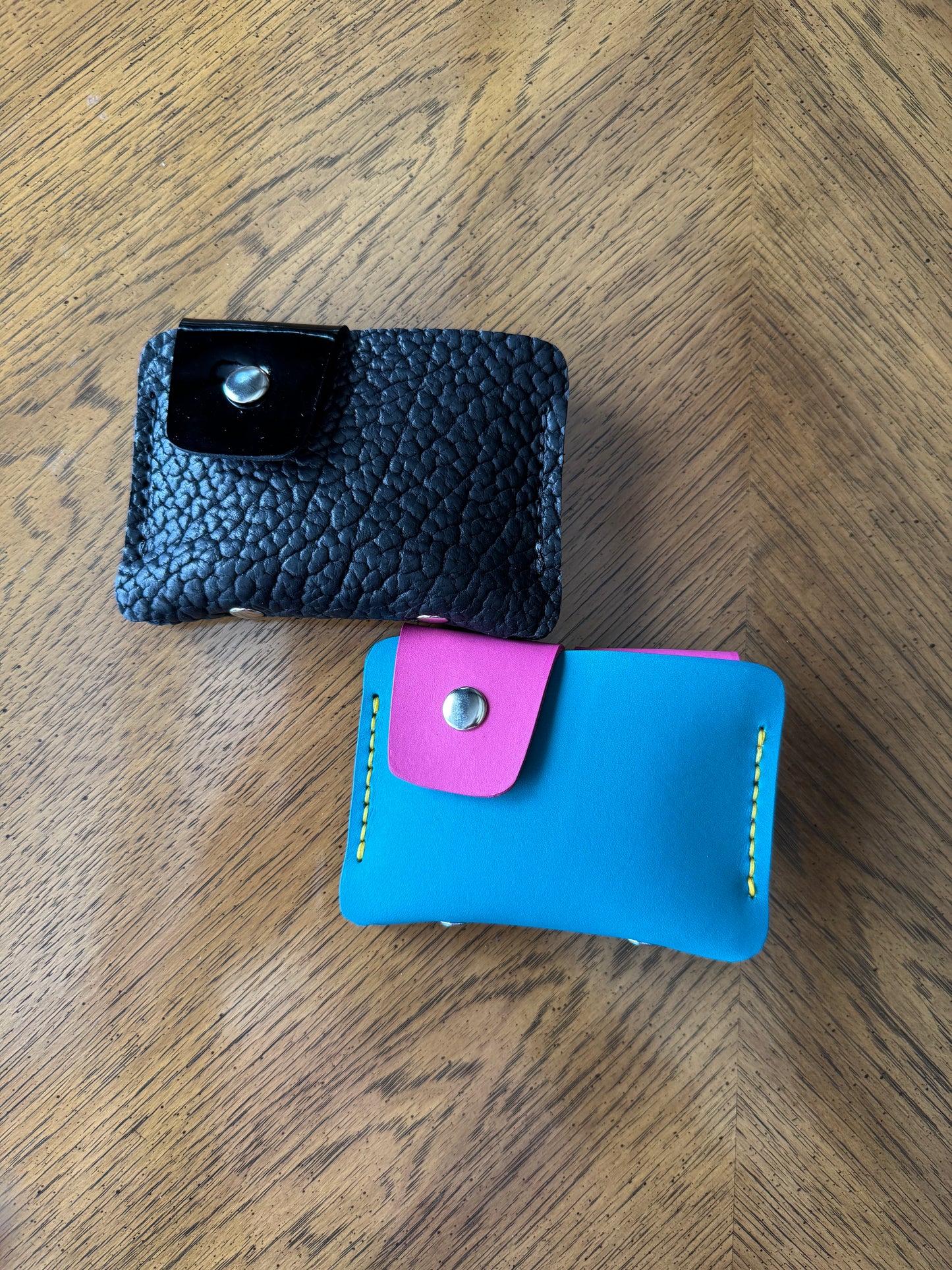 Two snaps! Hand sewn shrunken bison or cowhide leather wallet -handmade snap wallet - artisan leather wallet