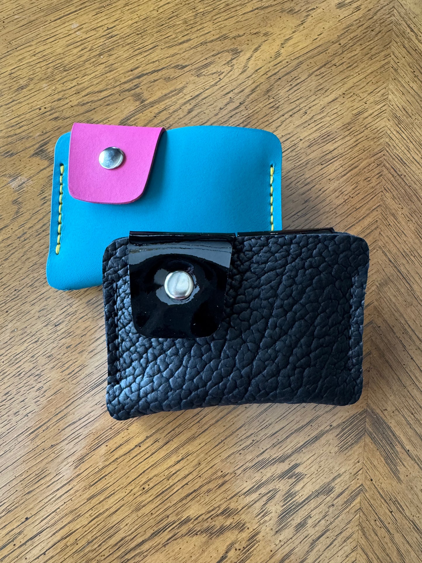 Two snaps! Hand sewn shrunken bison or cowhide leather wallet -handmade snap wallet - artisan leather wallet