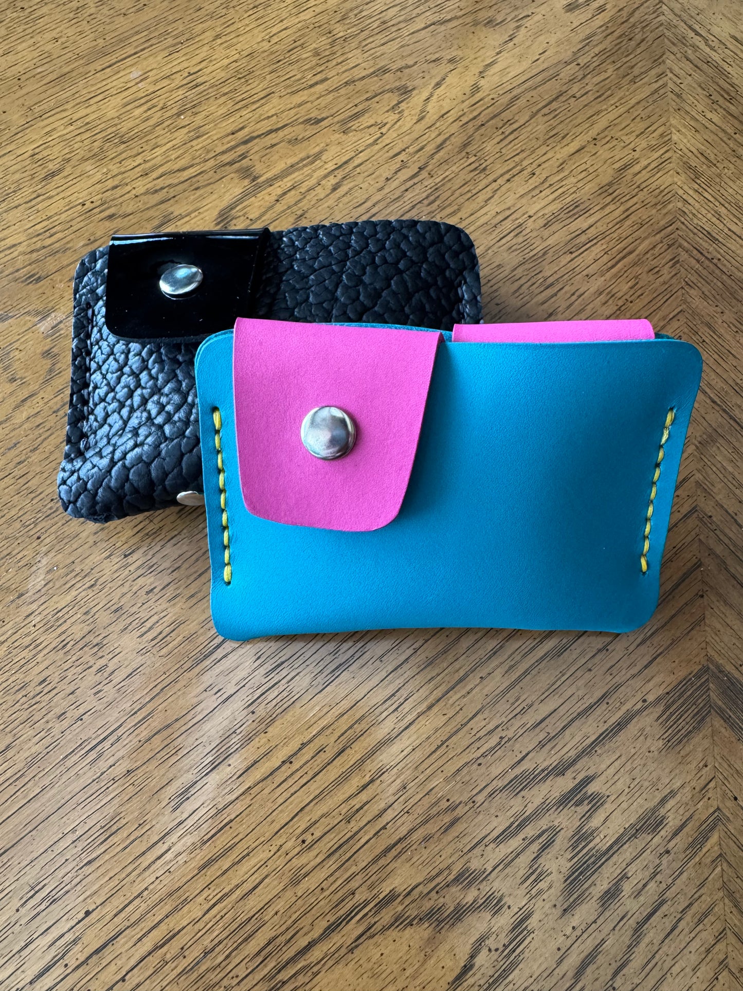 Two snaps! Hand sewn shrunken bison or cowhide leather wallet -handmade snap wallet - artisan leather wallet