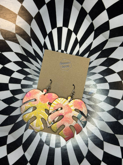 Monstera leather earrings! Surgical steel hooks = safe for everyone! Assorted colored leather tropical leaf earrings