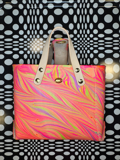 Marble dyed Feelin’ Groovy thick veg tan laced mini tote bag! One of a kind leather unique satchel!