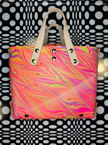 Marble dyed Feelin’ Groovy thick veg tan laced mini tote bag! One of a kind leather unique satchel!