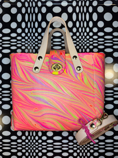 Marble dyed Feelin’ Groovy thick veg tan laced mini tote bag! One of a kind leather unique satchel!