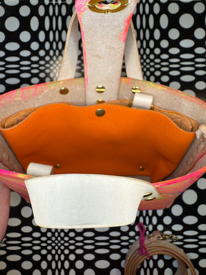 Marble dyed Feelin’ Groovy thick veg tan laced mini tote bag! One of a kind leather unique satchel!