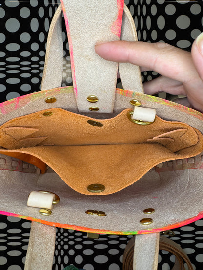 Marble dyed Feelin’ Groovy thick veg tan laced mini tote bag! One of a kind leather unique satchel!