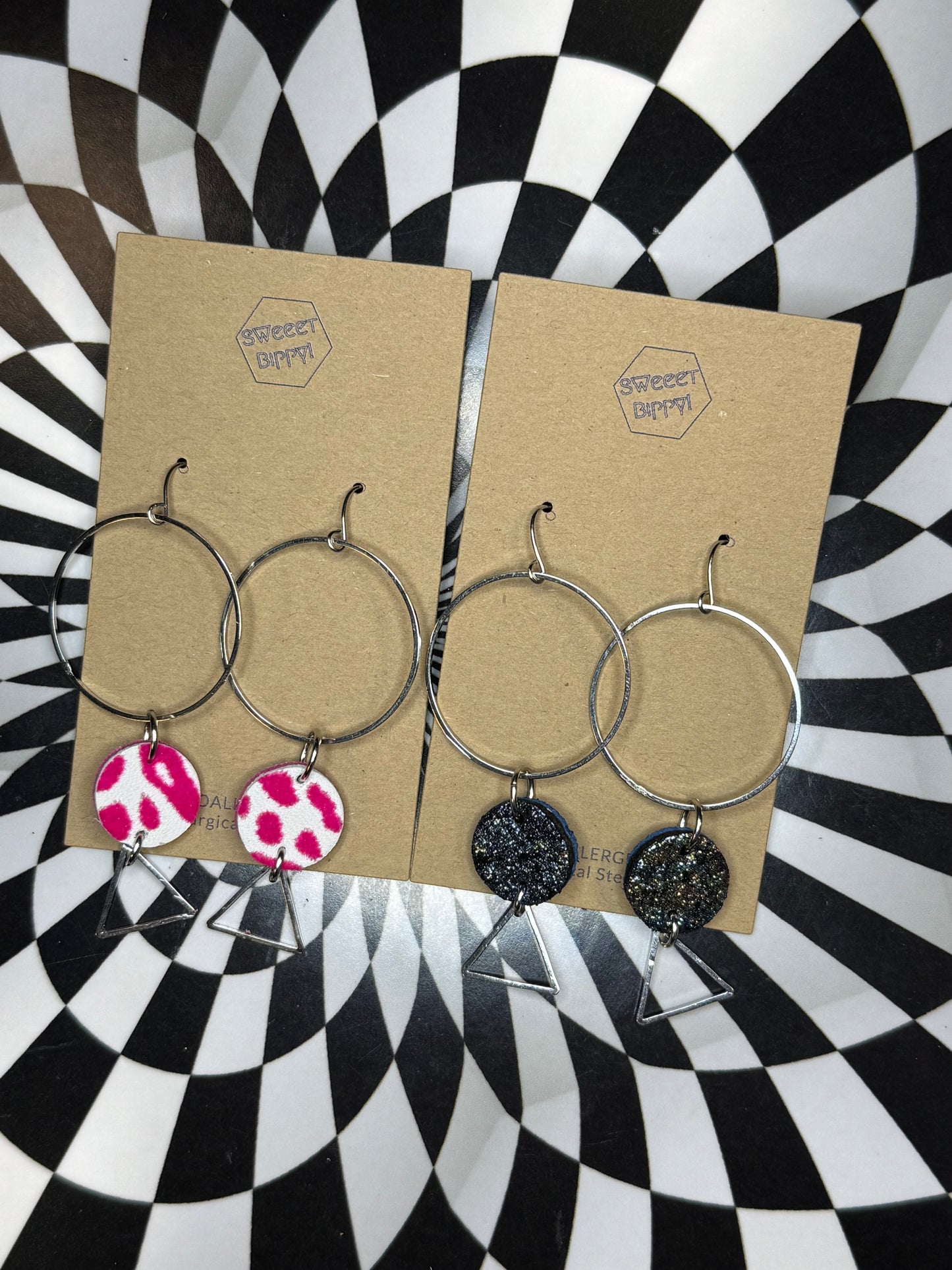 Triangle or hoop unique Leather earrings! Minimalist design ultra lightweight surgical steel hooks!