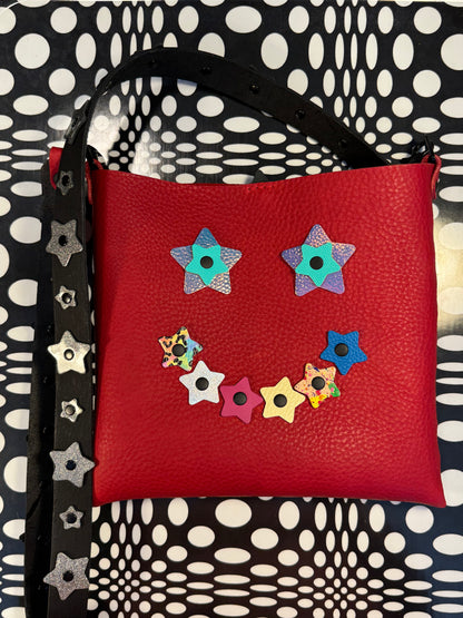 Mood Swing Bag | Reversible Happy Face & Sad Face Handmade Leather Bag with Flower Strap