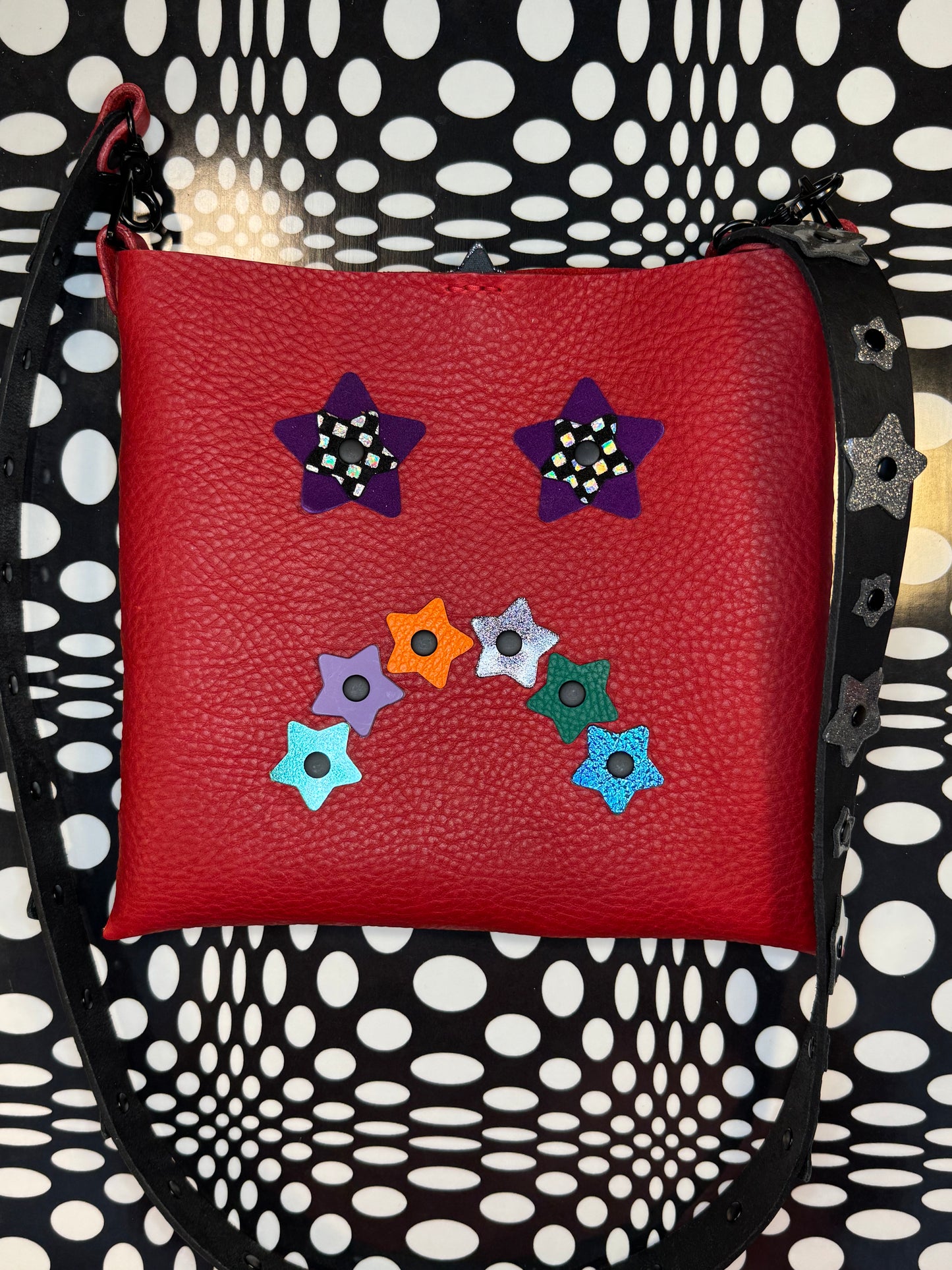 Mood Swing Bag | Reversible Happy Face & Sad Face Handmade Leather Bag with Flower Strap