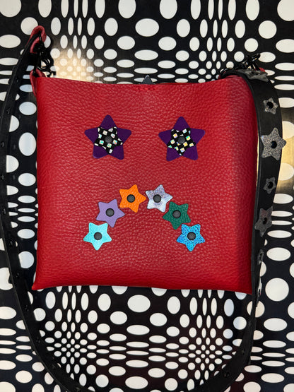 Mood Swing Bag | Reversible Happy Face & Sad Face Handmade Leather Bag with Flower Strap
