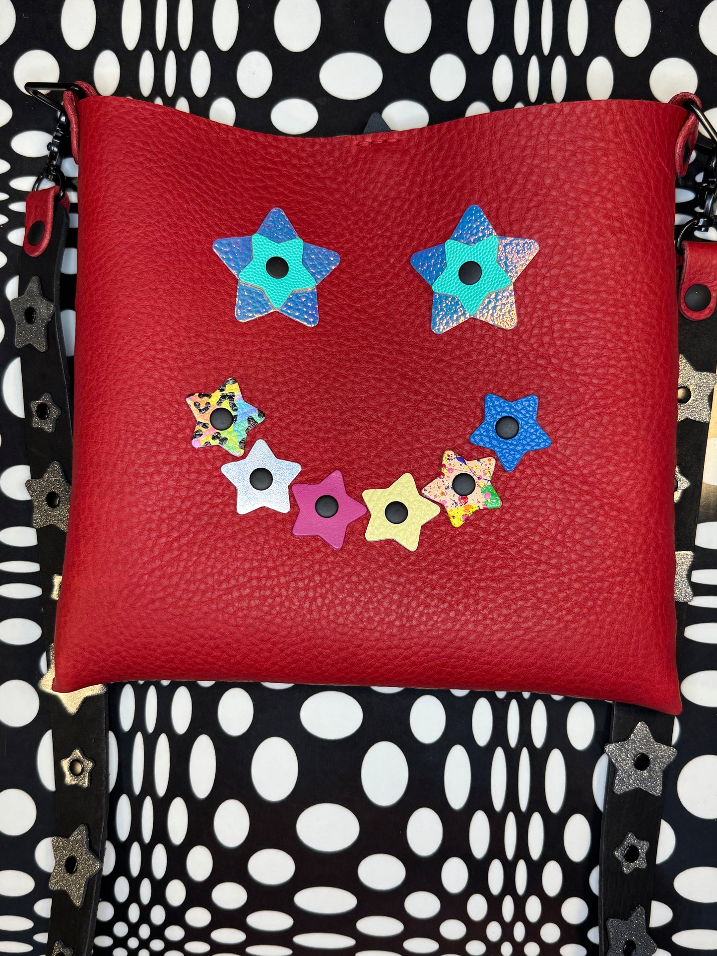 Mood Swing Bag | Reversible Happy Face & Sad Face Handmade Leather Bag with Flower Strap