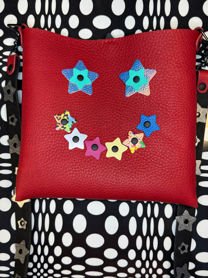 Mood Swing Bag | Reversible Happy Face & Sad Face Handmade Leather Bag with Flower Strap