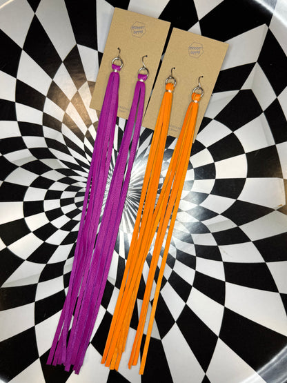 Long leather tassel fringe earrings! Pride rainbow long shoulder dusters!