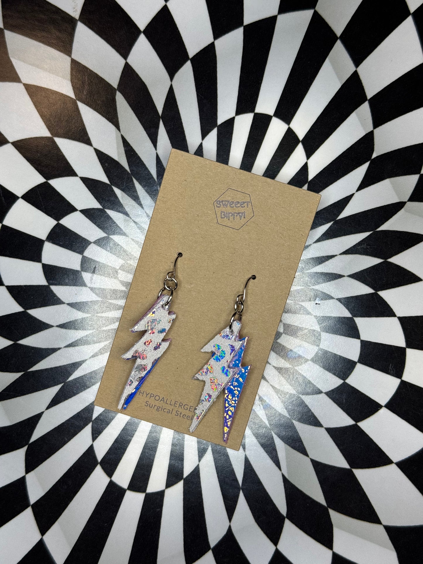 Lightning bolt leather earrings! Bowie!