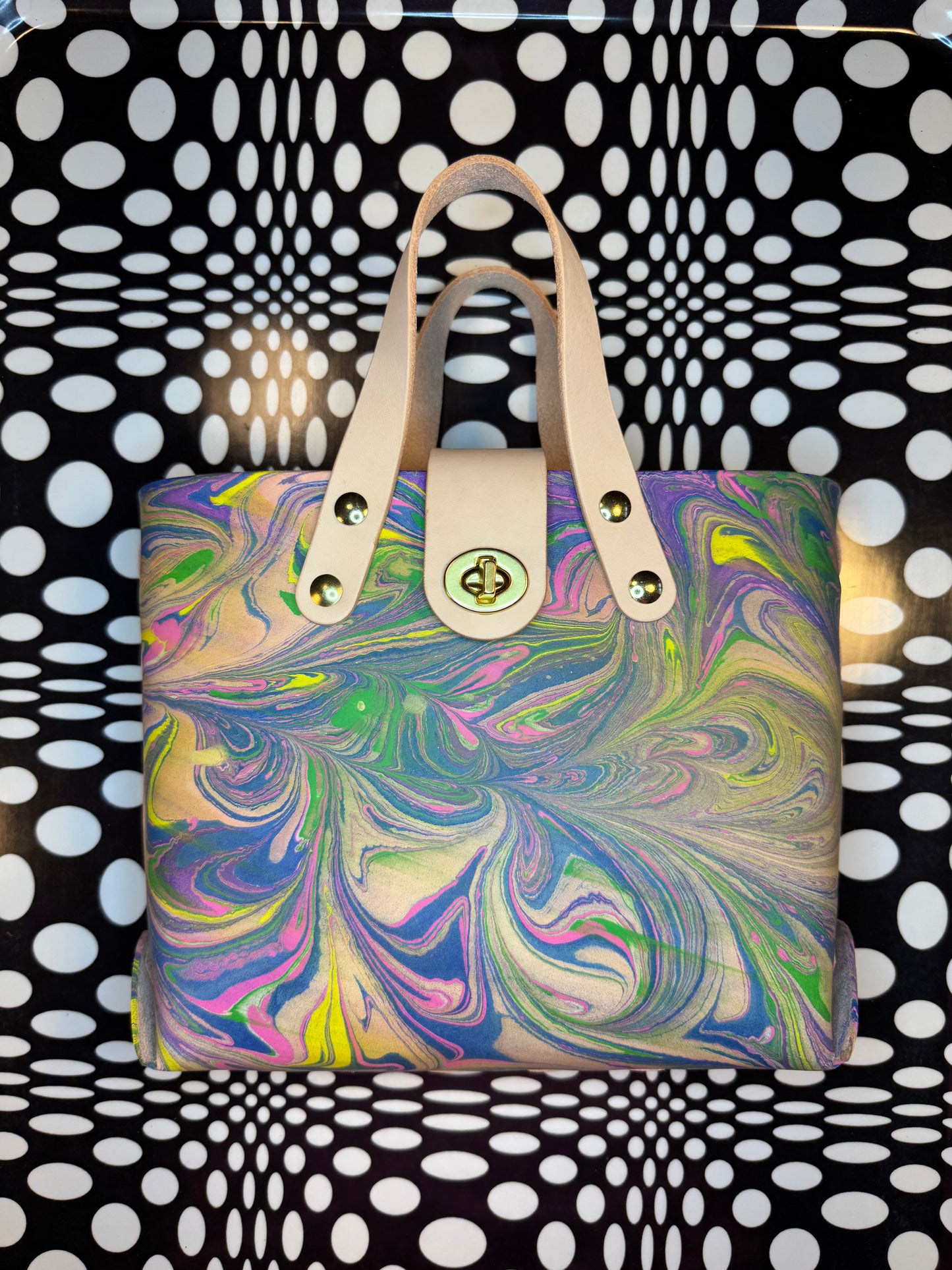 Marble dyed Feelin’ Groovy thick veg tan laced mini tote bag! One of a kind leather unique satchel!