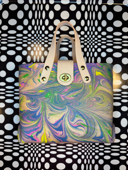 Marble dyed Feelin’ Groovy thick veg tan laced mini tote bag! One of a kind leather unique satchel!