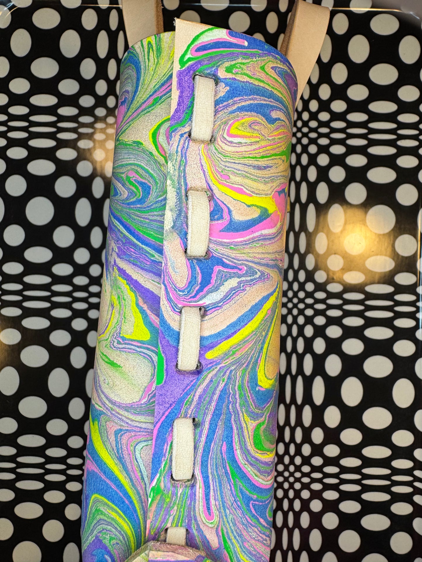 Marble dyed Feelin’ Groovy thick veg tan laced mini tote bag! One of a kind leather unique satchel!