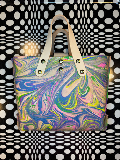 Marble dyed Feelin’ Groovy thick veg tan laced mini tote bag! One of a kind leather unique satchel!