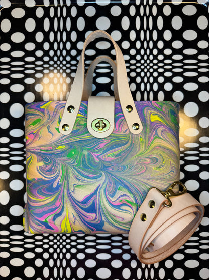 Marble dyed Feelin’ Groovy thick veg tan laced mini tote bag! One of a kind leather unique satchel!