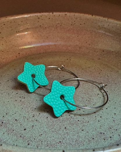 Hoop earrings with leather flowers or stars! Hypoallergenic surgical steel lightweight