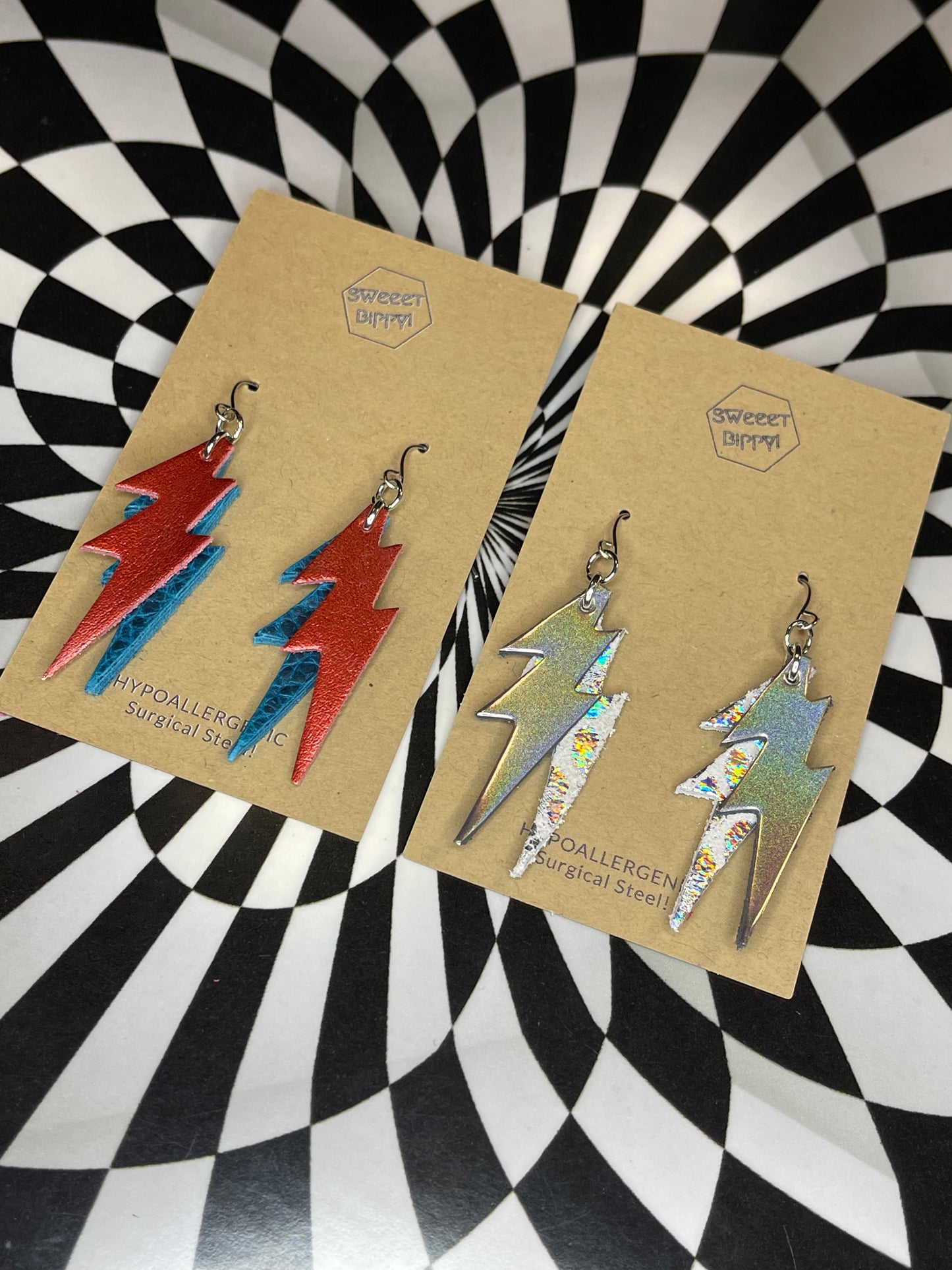 Lightning bolt leather earrings! Bowie!