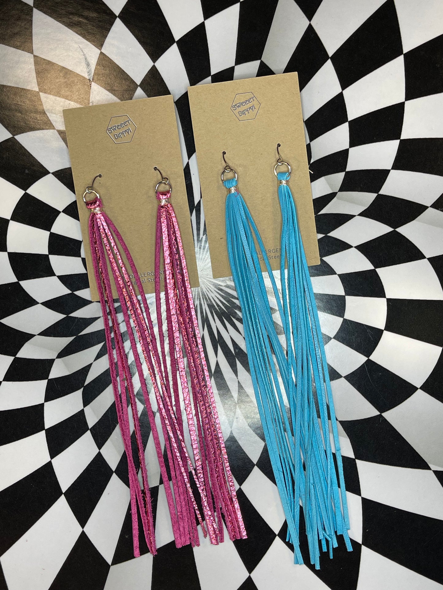 Long leather tassel fringe earrings! Pride rainbow long shoulder dusters!