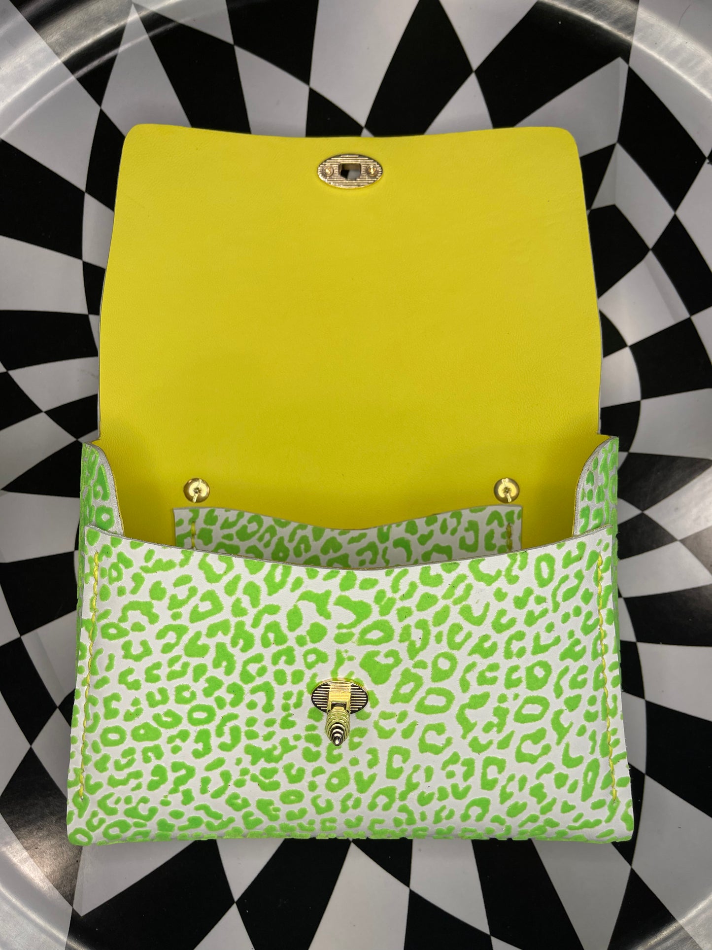 Bee Arthur Orange or neon green fuzzy leopard print leather crossbody clutch bag!