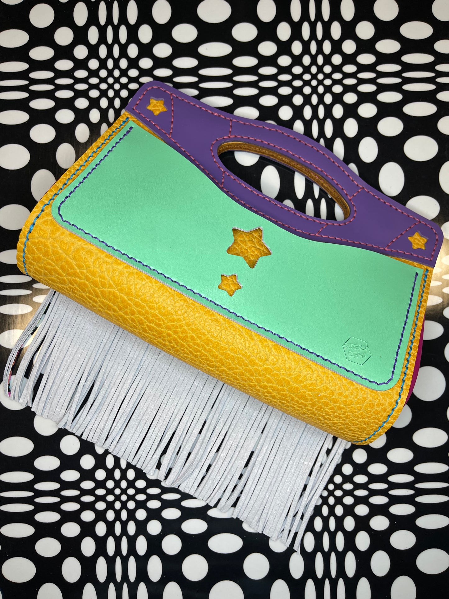 J9 leather fringe hand sewn clutch!