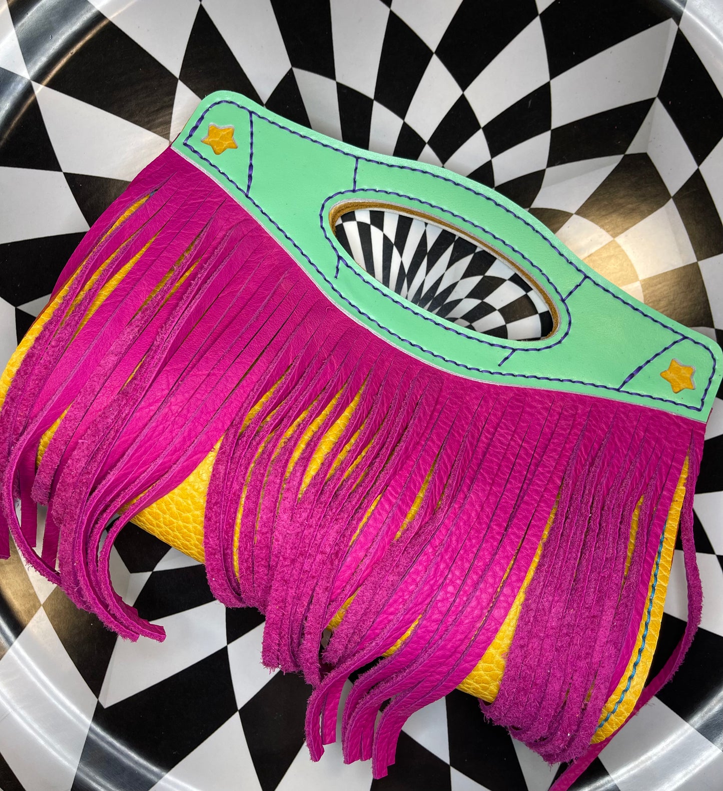 J9 leather fringe hand sewn clutch!