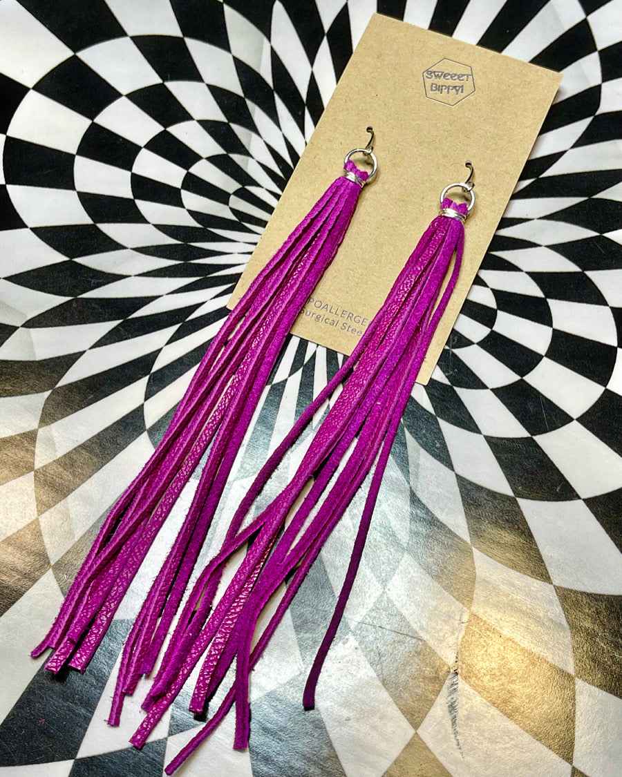 Long leather tassel fringe earrings! Pride rainbow long shoulder dusters!