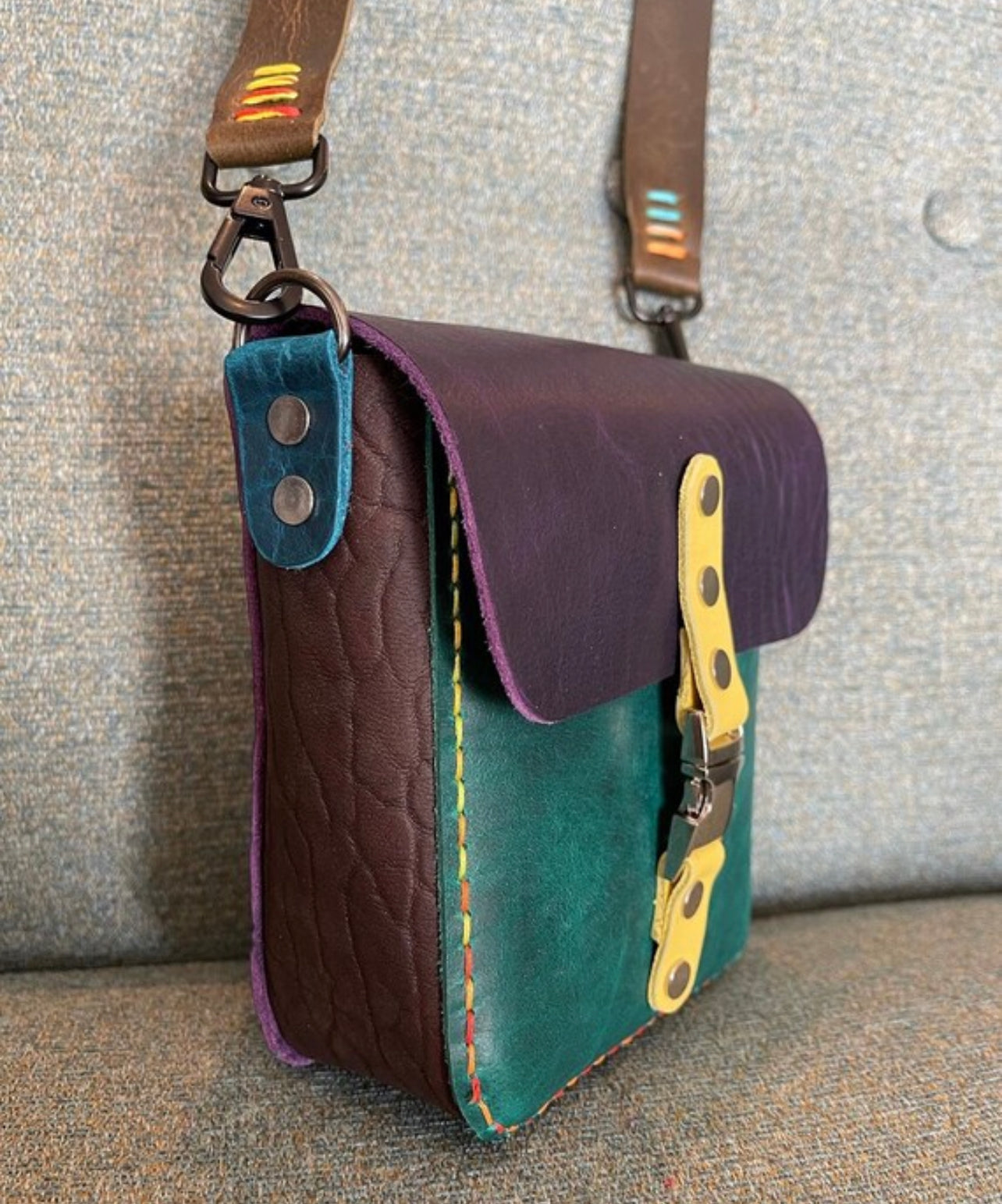 JoAnn XL Handmade COLORFUL leather utility pouch crossbody/shoulder bag! Hand sewn unique festival purse!