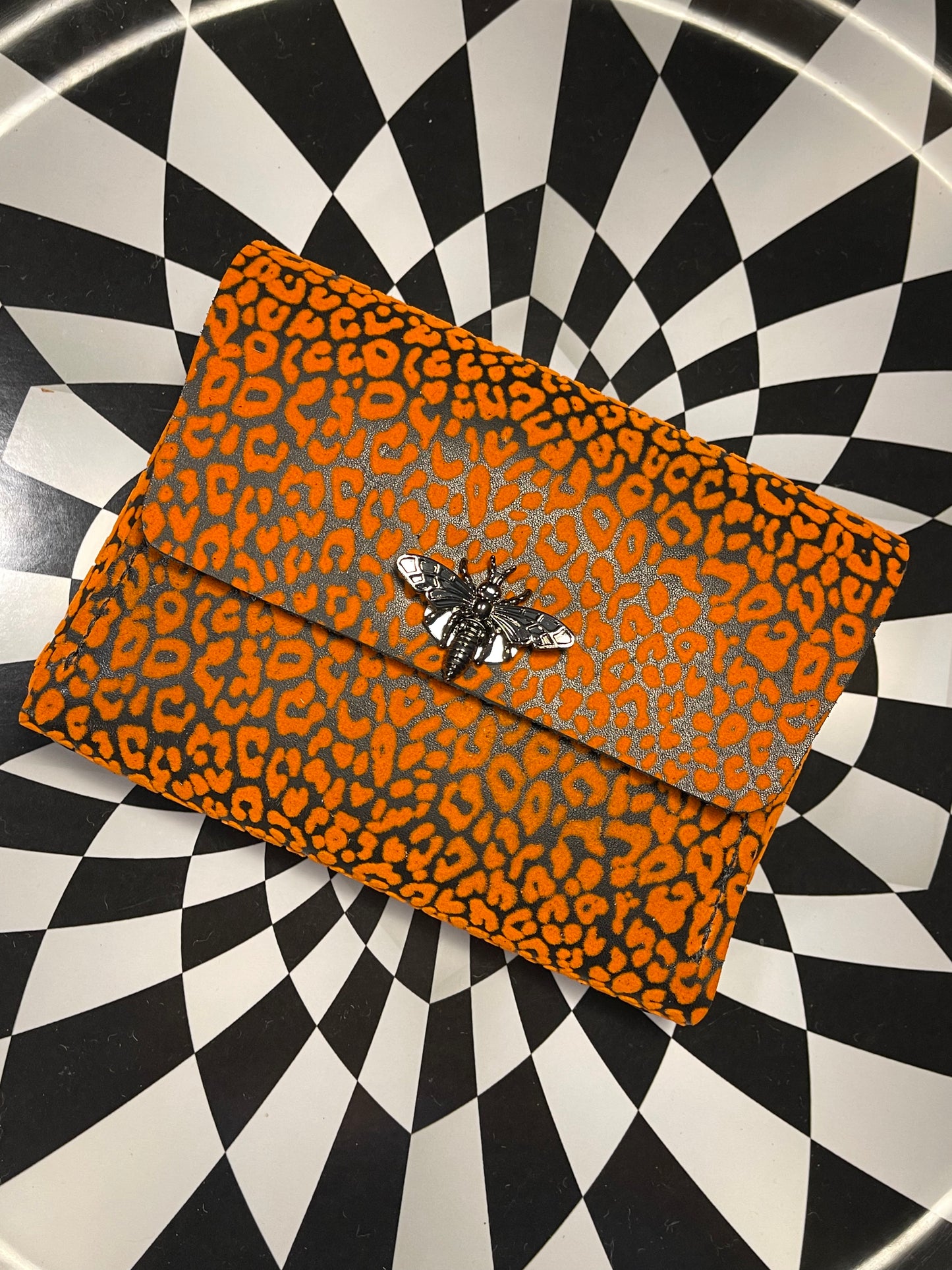 Bee Arthur Orange or neon green fuzzy leopard print leather crossbody clutch bag!